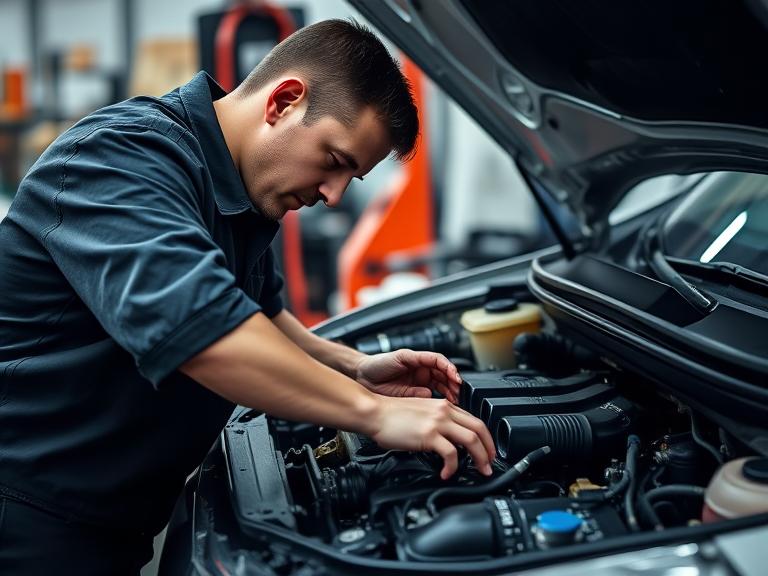 Professional mechanic working on car engine